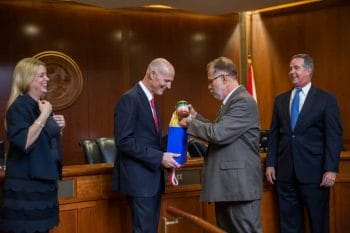 Javier Nava with Governor Rick Scott, Florida Attorney General Pam Bondi and Florida CFO Jeff Atwater.